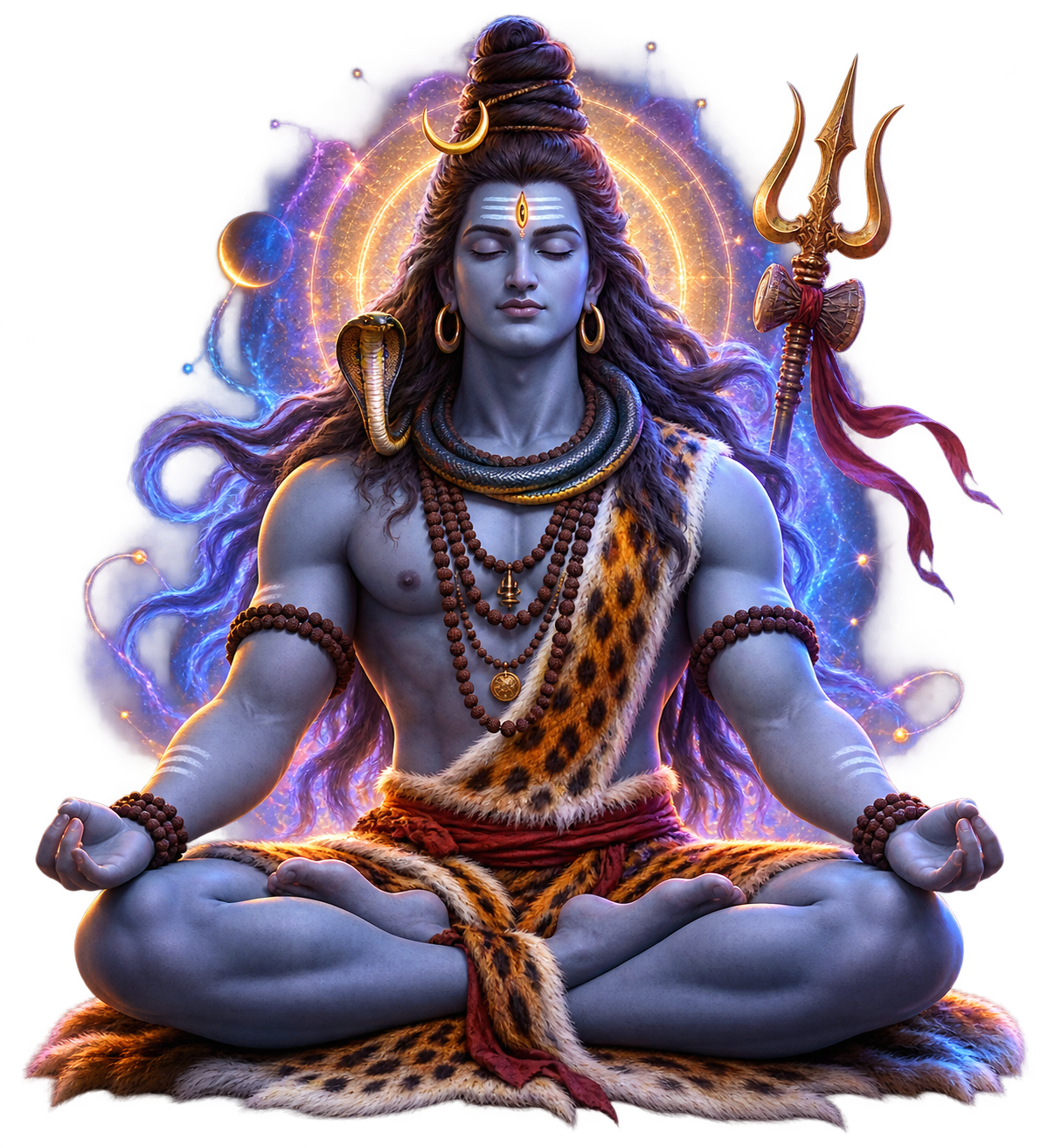 Lord Shiva seated in serene meditation with closed eyes in a futuristic celestial setting
